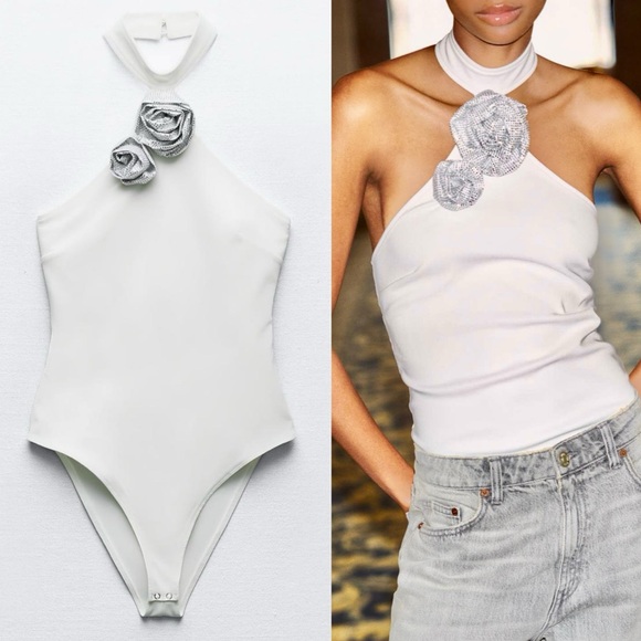 Zara Tops - Zara NWT jeweled embellished floral detail halter neck white & silver bodysuit